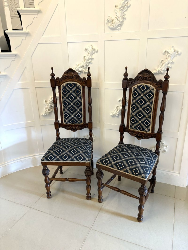 Antique Quality Victorian Pair of Carved Oak Side/Hall Chairs - Image 2